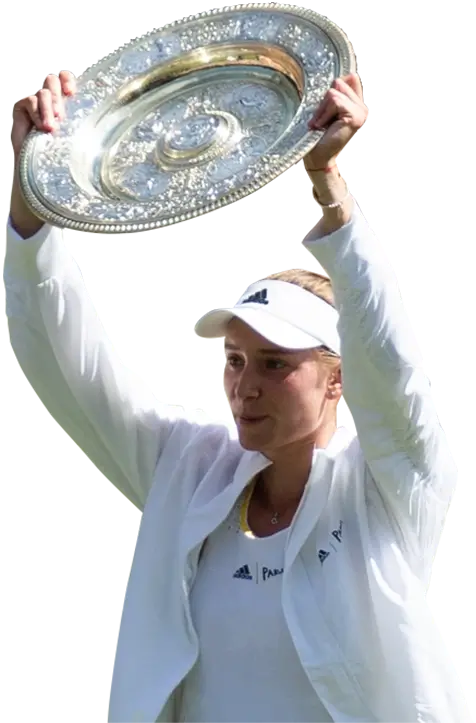 Photo of Elena Rybakina holding up the Venus Rosewater Dish at the 2022 Wimbledon final.