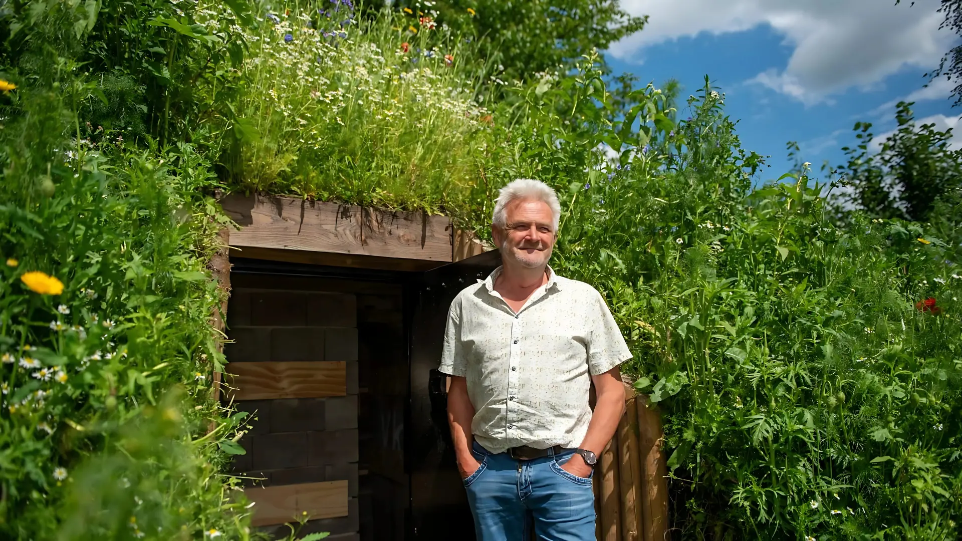 Johan voor het vleermuisonderkomen op de Woestenhoeve.