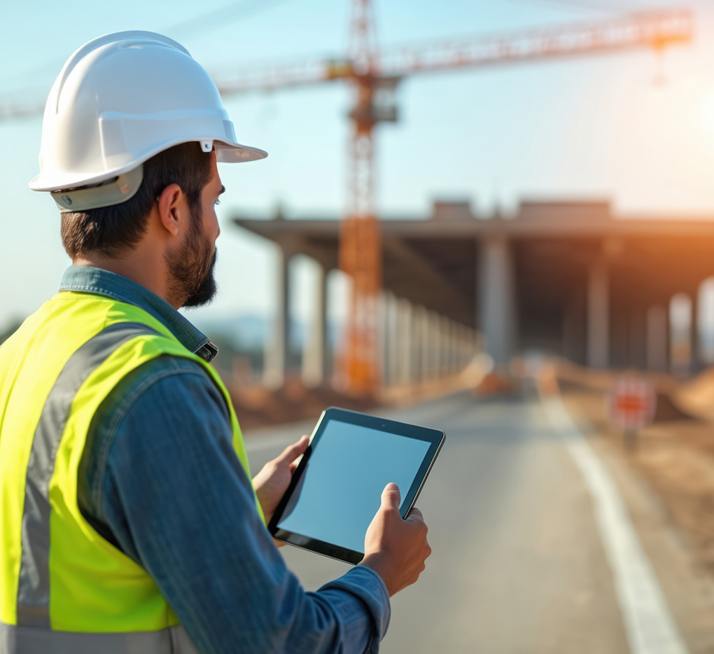 Construction site engineer documenting findings with AI tools on an iPad for real-time reporting