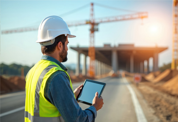 Engineer in the field using an AI-powered app on a tablet to analyze construction data