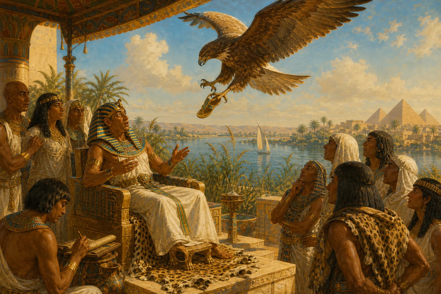 An eagle drops a golden sandal into the lap of a startled pharaoh in an Egyptian courtyard beside the Nile.