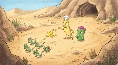 "Wait!" Phil shouted between giggles. "Lizards hate... bananas! It's a little-known fact!" He quickly peeled a strip of his own peel and tossed it towards the…