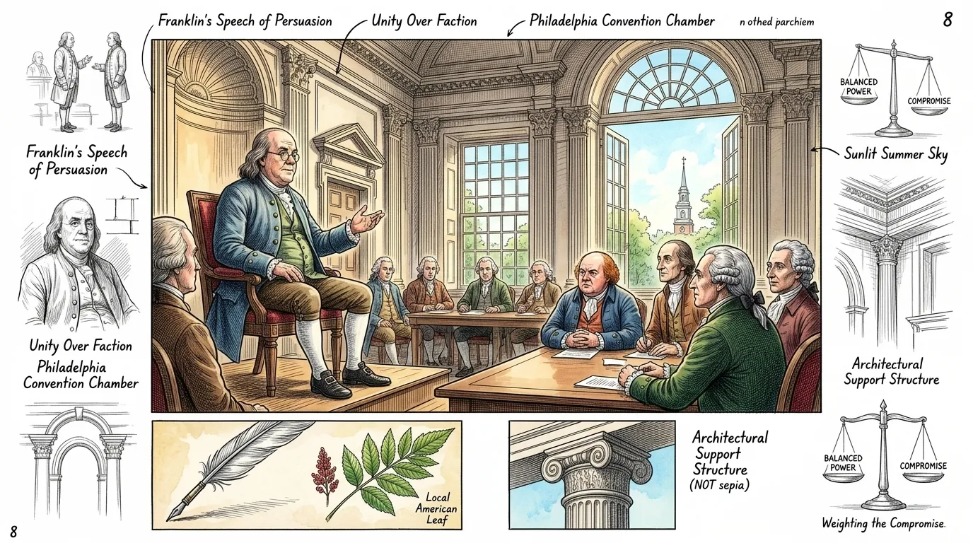 At the Constitutional Convention in Philadelphia during the sweltering summer of 1787, an ailing 81-year-old Benjamin Franklin served as a vital voice of unity. At the Constitutional Convention in Philadelphia during the sweltering summer of 1787, an ailing 81-year-old Benjamin Franklin served as a vital voice of unity.
