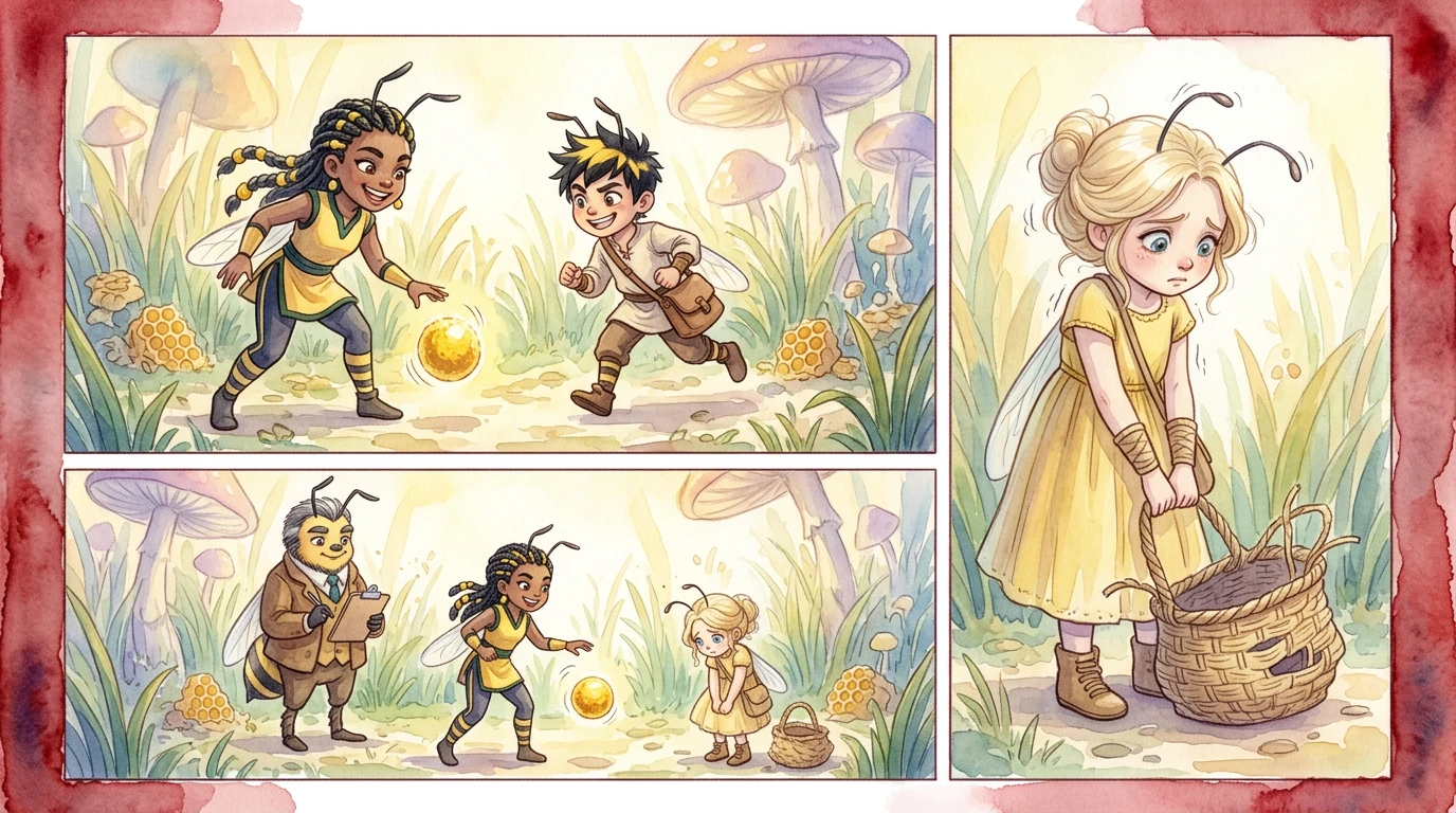 "Hey, Buzz! Ready to practice our stinger shots?" Honey greeted, bouncing a small pollen ball. She was a strong, athletic bee with a mischievous grin. "Hey, Buzz! Ready to practice our stinger shots?" Honey greeted, bouncing a small pollen ball. She was a strong, athletic bee with a mischievous grin.