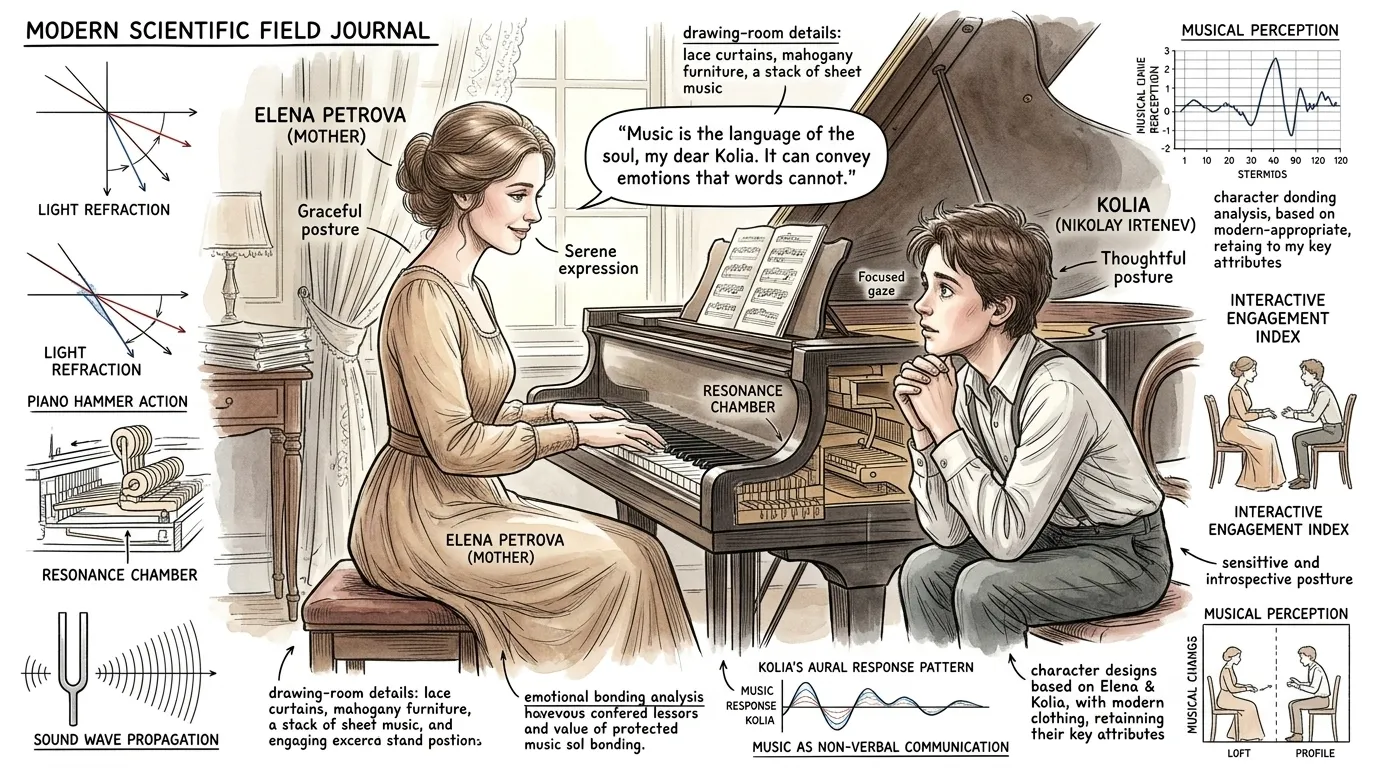 ️ Literary Fact: This poignant moment highlights the profound influence of Kolia's mother, Elena Petrova. Her discussion of music as 'the language of the soul'… ️ Literary Fact: This poignant moment highlights the profound influence of Kolia's mother, Elena Petrova. Her discussion of music as 'the language of the soul'…
