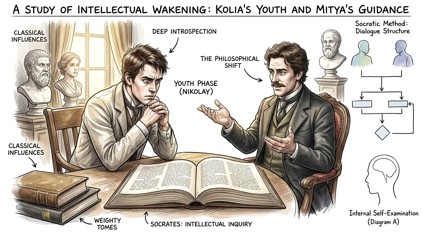 ️ Literary Fact: The introduction of Mitya and their philosophical discussions marks Kolia's 'Youth' phase, characterized by profound introspection and the… ️ Literary Fact: The introduction of Mitya and their philosophical discussions marks Kolia's 'Youth' phase, characterized by profound introspection and the…