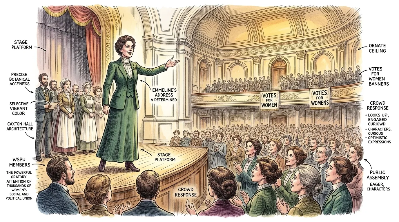 At Caxton Hall, Westminster, in October 1908, Emmeline Pankhurst stood before a vast, expectant assembly. The air crackled with defiance. At Caxton Hall, Westminster, in October 1908, Emmeline Pankhurst stood before a vast, expectant assembly. The air crackled with defiance.