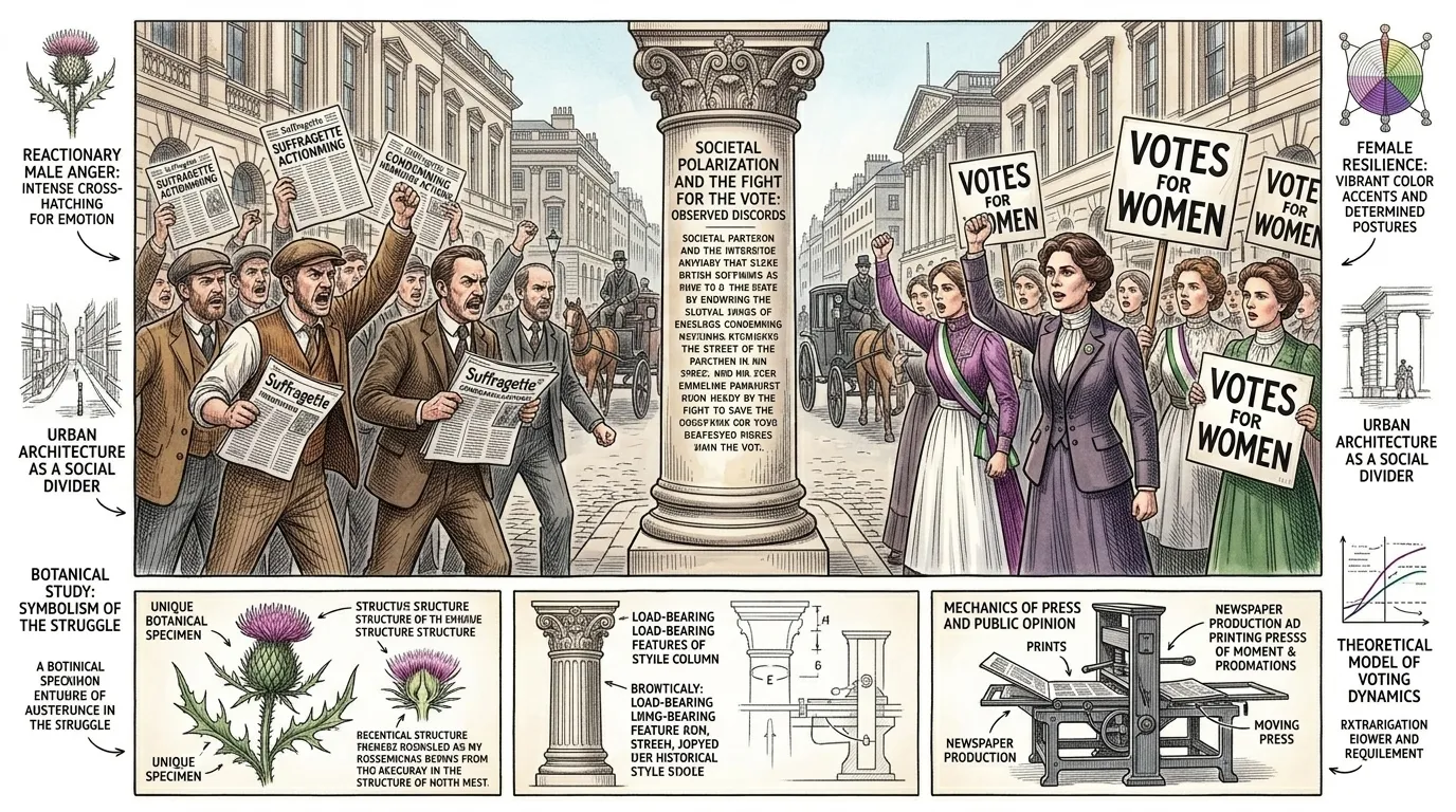 The WSPU's escalating militancy and the government's harsh reaction polarized British society. While some condemned the 'suffragettes' as lawbreakers, others… The WSPU's escalating militancy and the government's harsh reaction polarized British society. While some condemned the 'suffragettes' as lawbreakers, others…