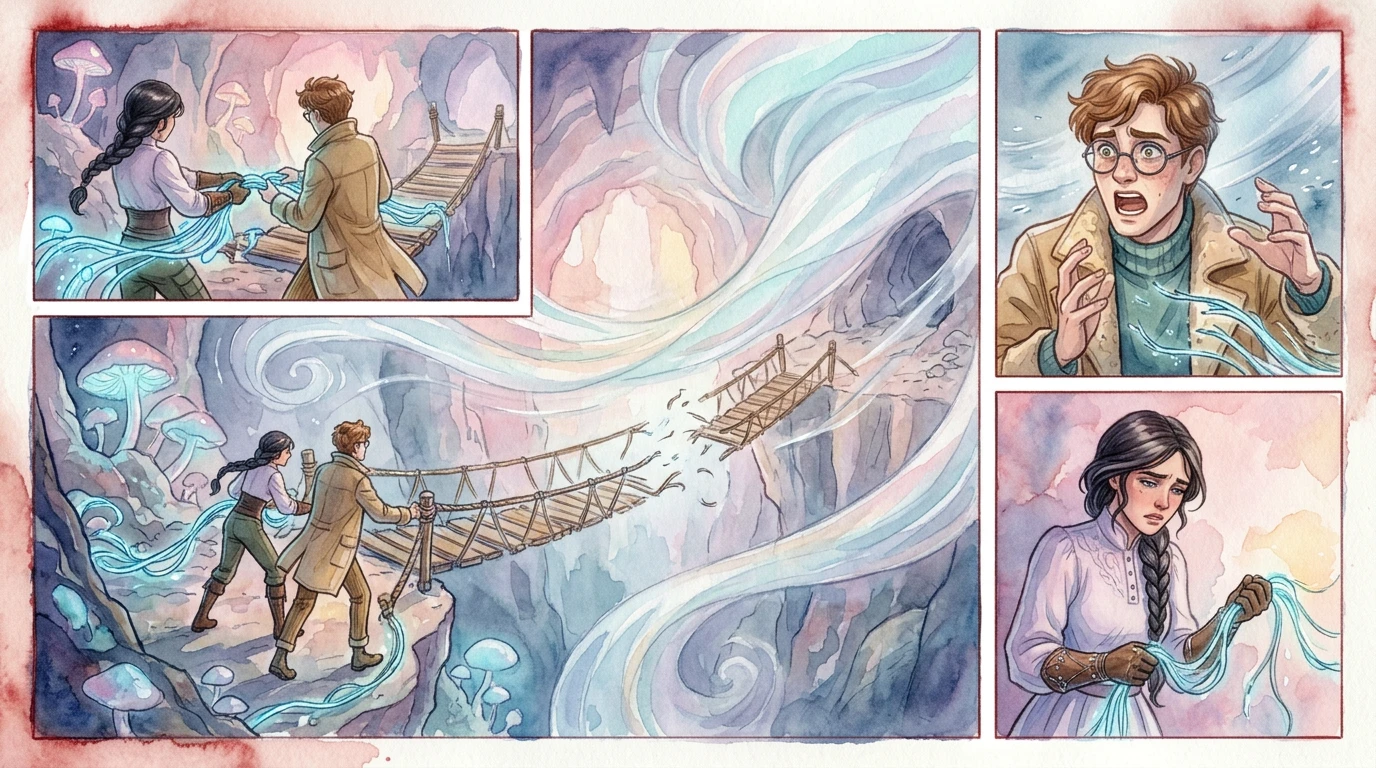 Working together, they gathered the glowshrooms and began weaving, but suddenly, a gust of wind ripped through the cave. The first section of the bridge… Working together, they gathered the glowshrooms and began weaving, but suddenly, a gust of wind ripped through the cave. The first section of the bridge…