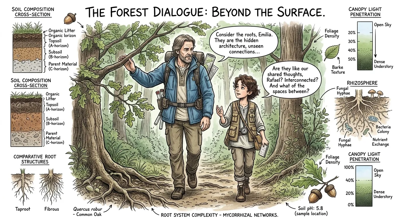 They continued walking, leaving the great oak behind, but Emilia kept thinking about the roots. "So, it means there's no main root, just lots of connected… They continued walking, leaving the great oak behind, but Emilia kept thinking about the roots. "So, it means there's no main root, just lots of connected…