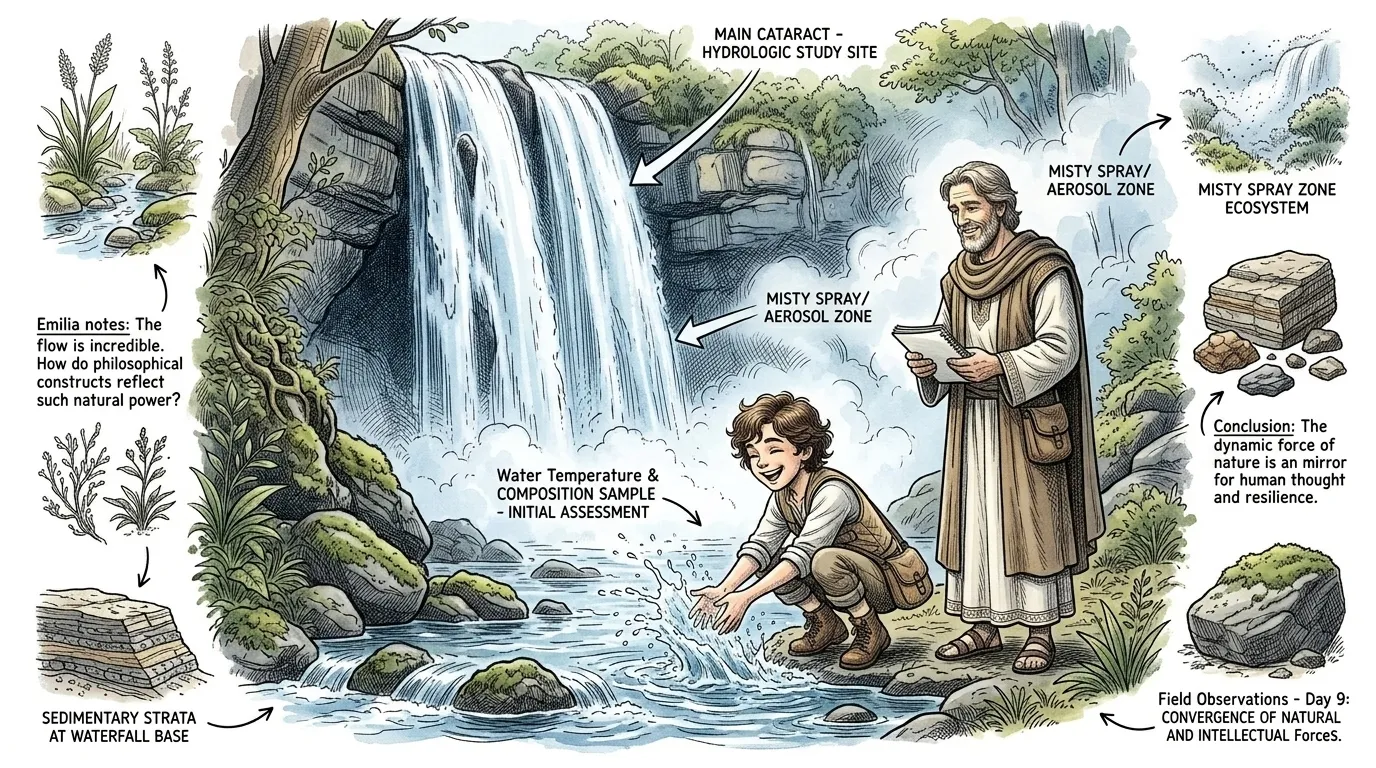 Finally, they reached the roaring waterfall, its misty spray cooling their faces. The water tumbled down a series of rocky steps, not a single drop following a… Finally, they reached the roaring waterfall, its misty spray cooling their faces. The water tumbled down a series of rocky steps, not a single drop following a…