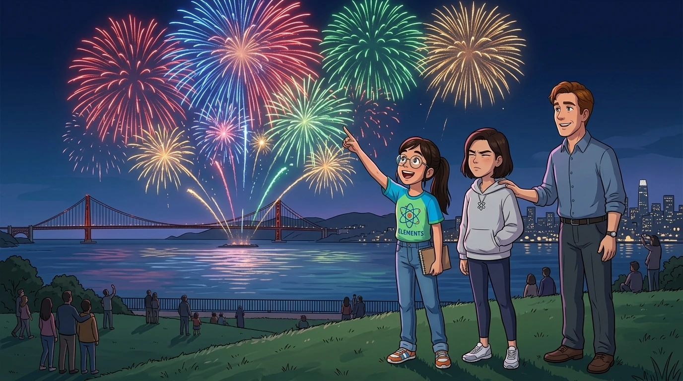 "Wow, that's a lot of colors!" Layla exclaimed, watching the fireworks burst over the San Francisco Bay from Mission Dolores Park. "Wow, that's a lot of colors!" Layla exclaimed, watching the fireworks burst over the San Francisco Bay from Mission Dolores Park.