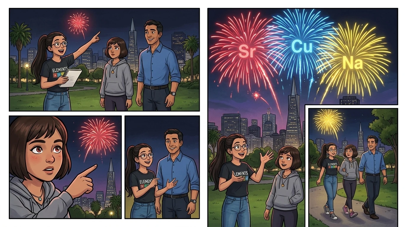 Suddenly, Layla was back in Mission Dolores Park, next to Reem and her dad. "So," Reem asked, "fireworks get their colors because of the different elements… Suddenly, Layla was back in Mission Dolores Park, next to Reem and her dad. "So," Reem asked, "fireworks get their colors because of the different elements…