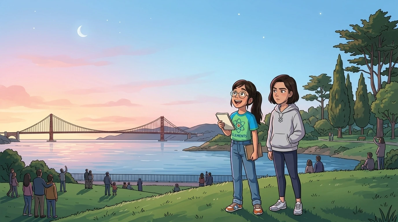 Layla smiled. "So, it's all about the elements and how they glow when they're hot!" Reem, looked thoughtfully at the Golden Gate Bridge in the distance. Layla smiled. "So, it's all about the elements and how they glow when they're hot!" Reem, looked thoughtfully at the Golden Gate Bridge in the distance.