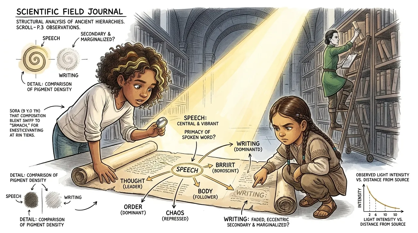 They continued their exploration, discovering an ancient scroll that depicted various concepts in pairs, like 'Speech and Writing' or 'Presence and Absence.'… They continued their exploration, discovering an ancient scroll that depicted various concepts in pairs, like 'Speech and Writing' or 'Presence and Absence.'…