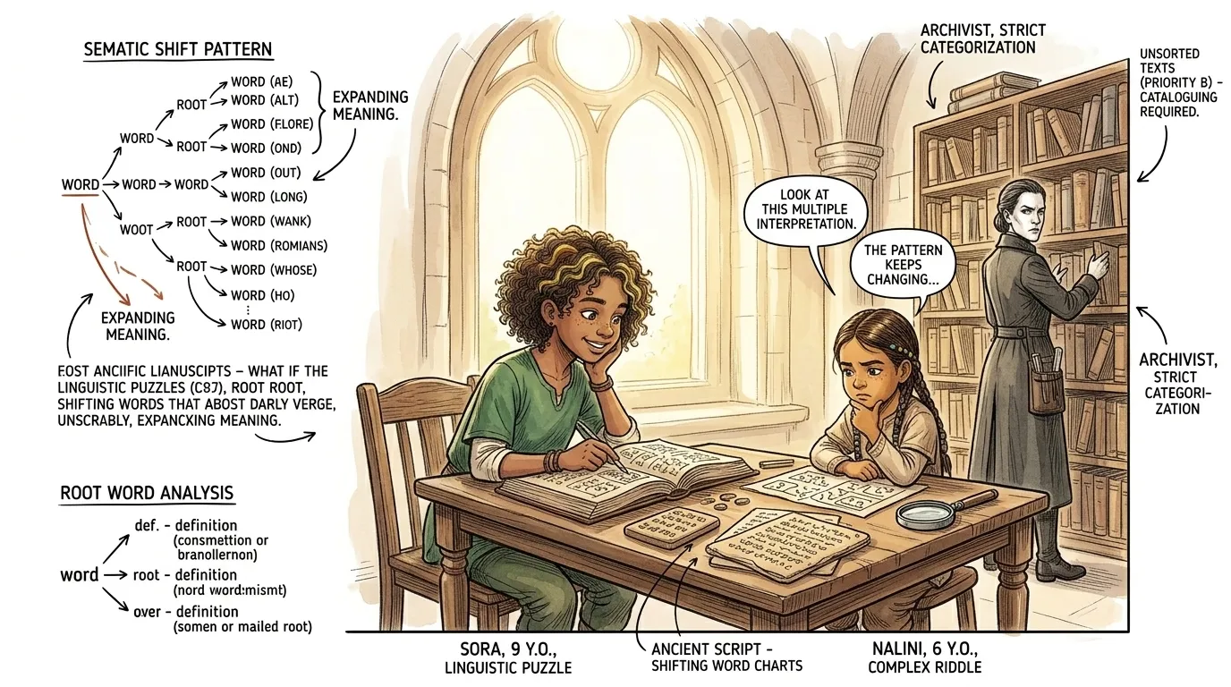 Near a grand, arched window, they found a collection of old linguistic puzzles. One riddle asked for the 'true' meaning of a common word, but every answer they… Near a grand, arched window, they found a collection of old linguistic puzzles. One riddle asked for the 'true' meaning of a common word, but every answer they…