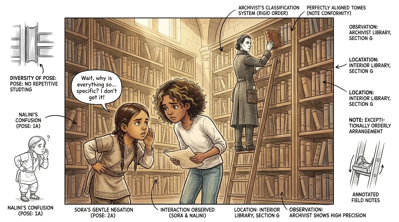 As they explored, they encountered a stern-looking archivist who was meticulously organizing books according to very strict, unquestionable categories. As they explored, they encountered a stern-looking archivist who was meticulously organizing books according to very strict, unquestionable categories.
