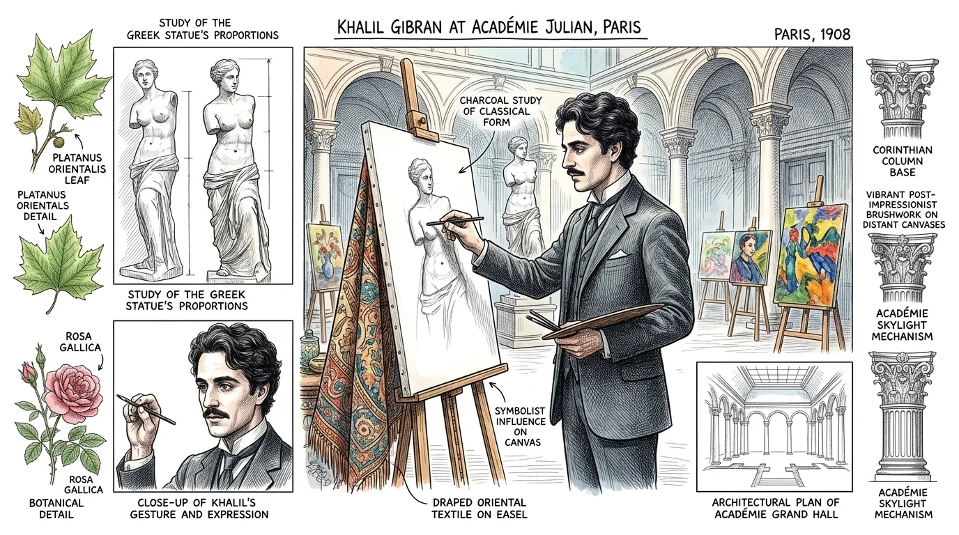 The year 1908 saw Khalil Gibran, now an ambitious artist, journey to Paris, France, to study at the Académie Julian. This period exposed him to the avant-garde… The year 1908 saw Khalil Gibran, now an ambitious artist, journey to Paris, France, to study at the Académie Julian. This period exposed him to the avant-garde…