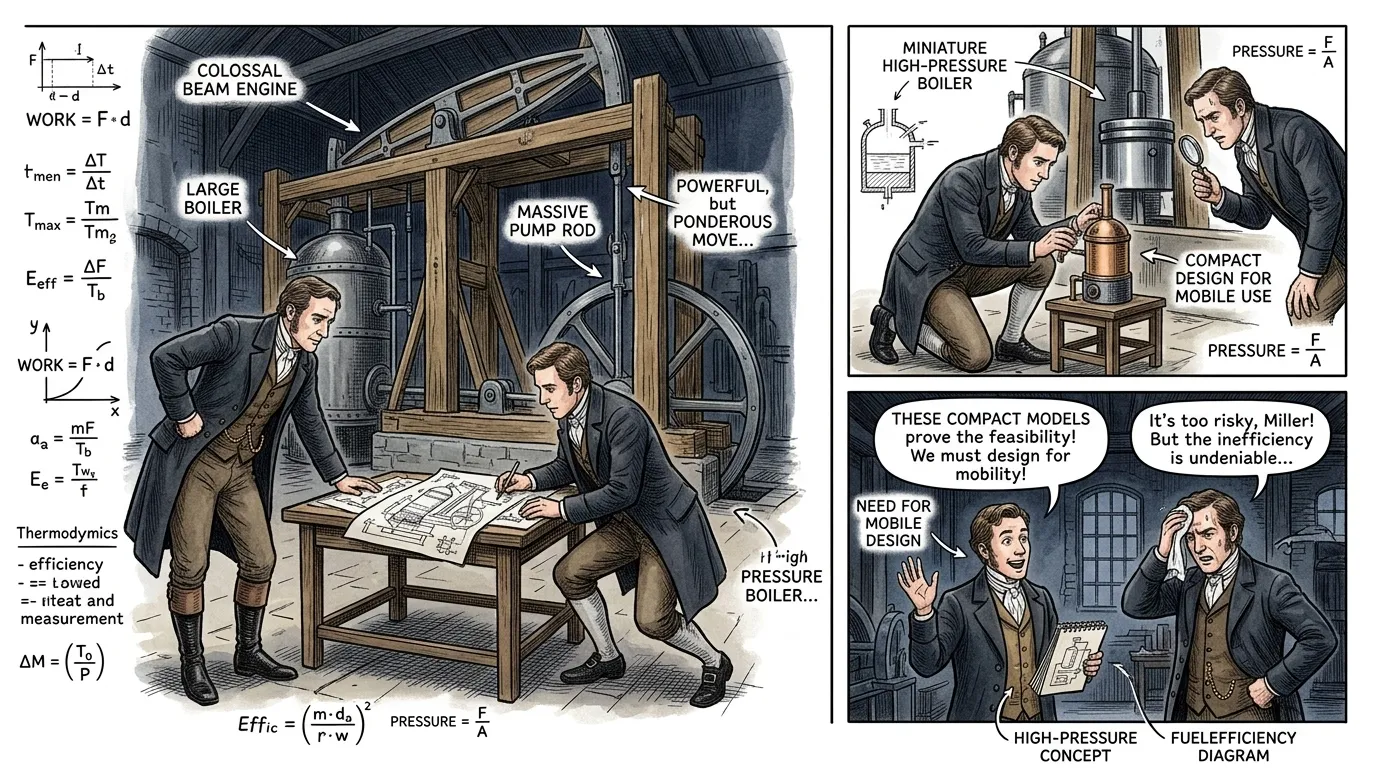Traditional steam engines, pioneered by Newcomen and improved by Watt, were colossal, low-pressure machines tethered to fixed locations. Traditional steam engines, pioneered by Newcomen and improved by Watt, were colossal, low-pressure machines tethered to fixed locations.