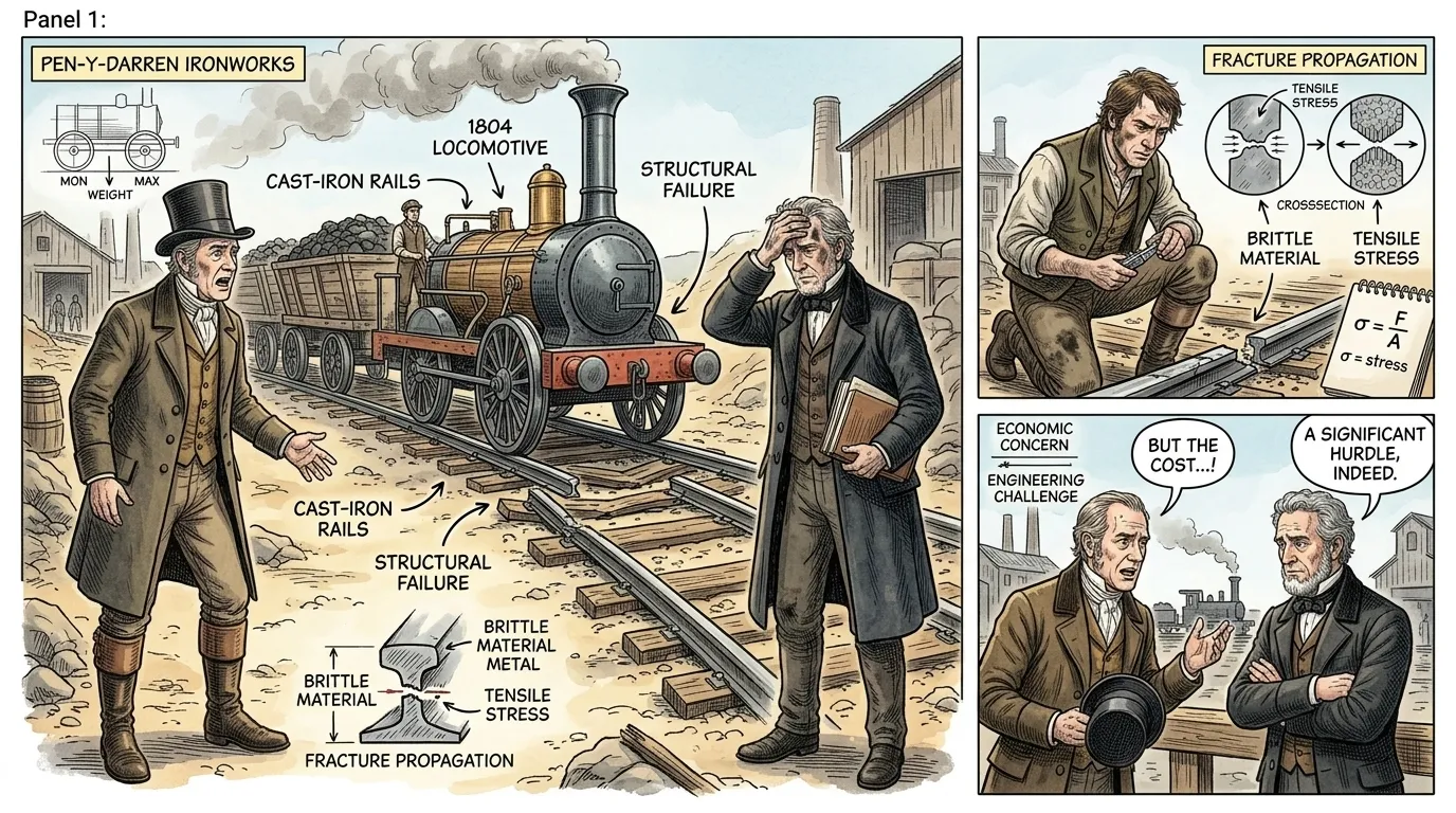 Richard Trevithick's groundbreaking 1804 locomotive for the Pen-y-darren Ironworks demonstrated that a steam engine could indeed pull ten tons of iron and 70… Richard Trevithick's groundbreaking 1804 locomotive for the Pen-y-darren Ironworks demonstrated that a steam engine could indeed pull ten tons of iron and 70…