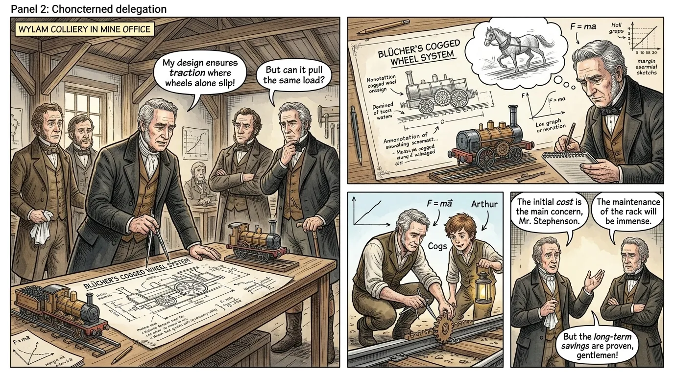 Dismissing the prevailing belief that smooth wheels would always slip, George Stephenson embarked on a series of practical experiments. Dismissing the prevailing belief that smooth wheels would always slip, George Stephenson embarked on a series of practical experiments.