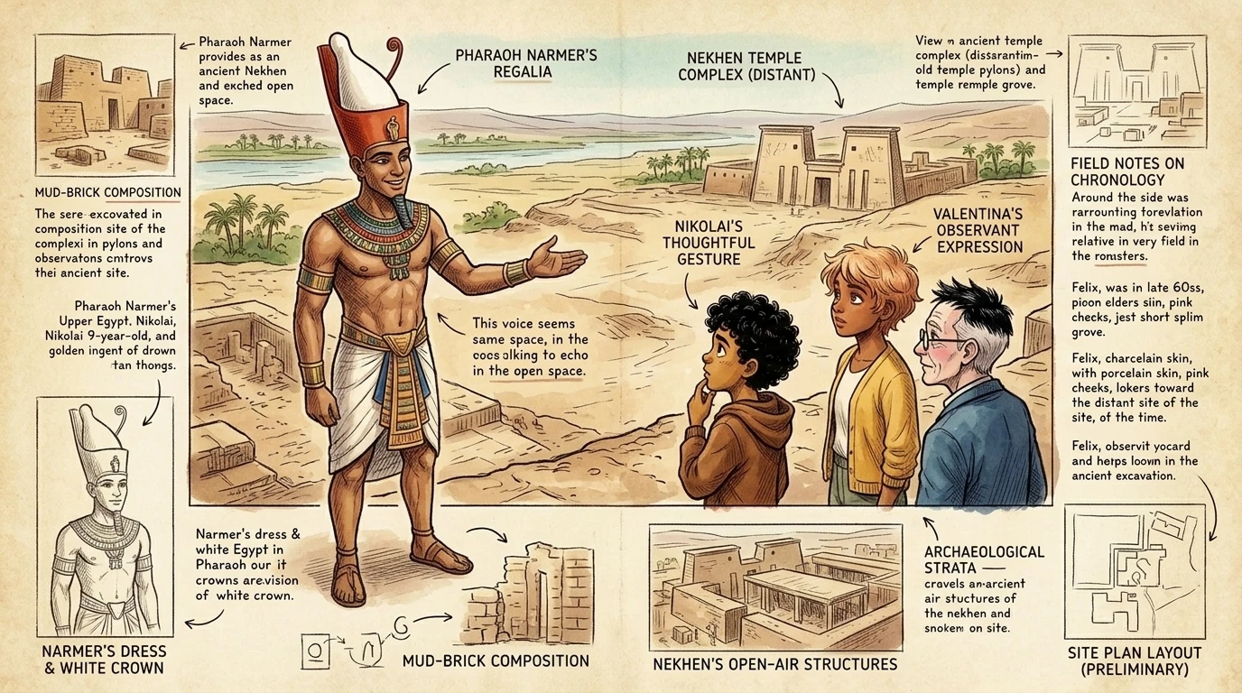 "Welcome," a voice boomed, "to Nekhen, before it was known as Luxor! I am Narmer." Saanvi, ever the historian, remembered something from her studies. "Welcome," a voice boomed, "to Nekhen, before it was known as Luxor! I am Narmer." Saanvi, ever the historian, remembered something from her studies.