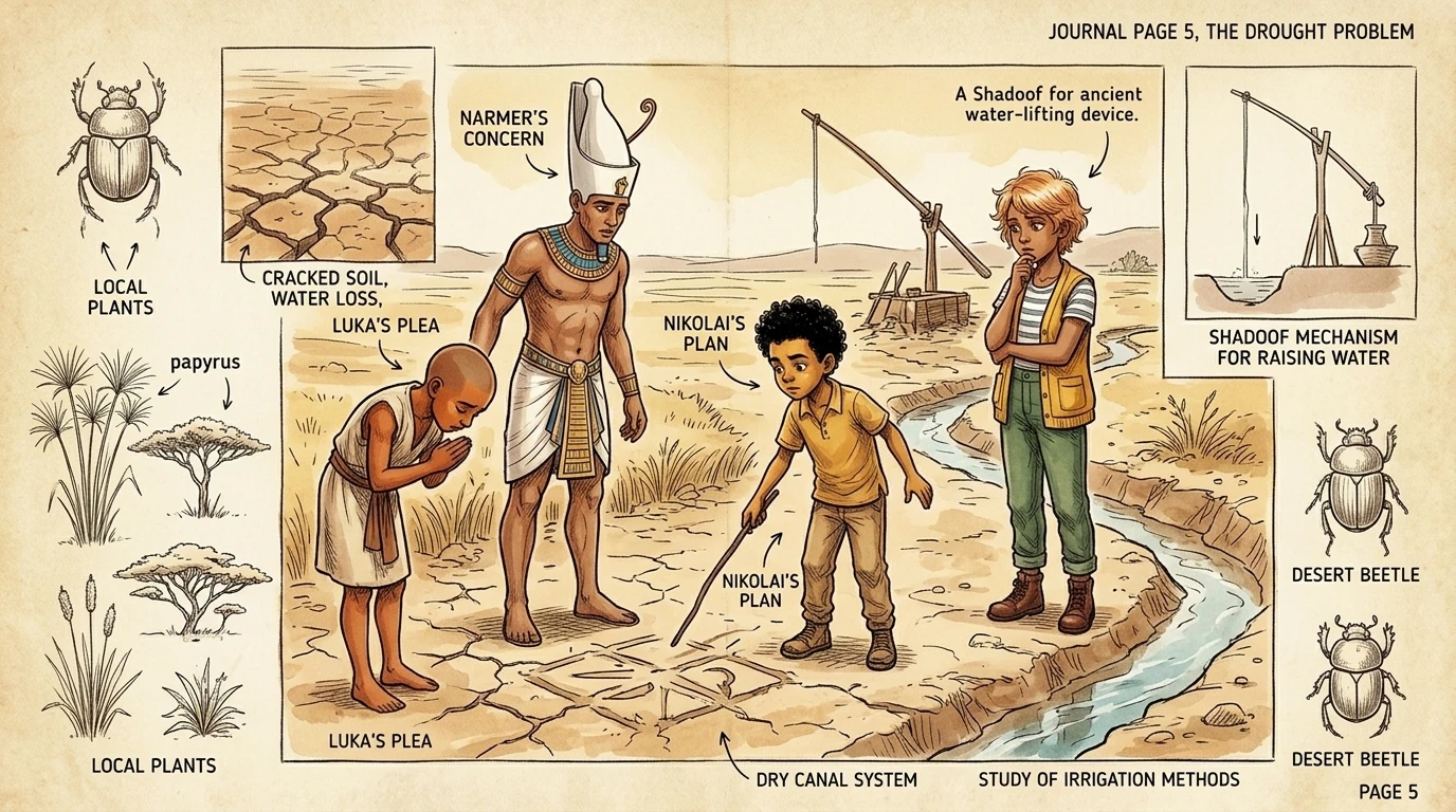 Luka, a young boy with warm copper-toned skin wearing a simple linen tunic, approached. "Pharaoh," he said, bowing low, "the farmers say the irrigation canals… Luka, a young boy with warm copper-toned skin wearing a simple linen tunic, approached. "Pharaoh," he said, bowing low, "the farmers say the irrigation canals…