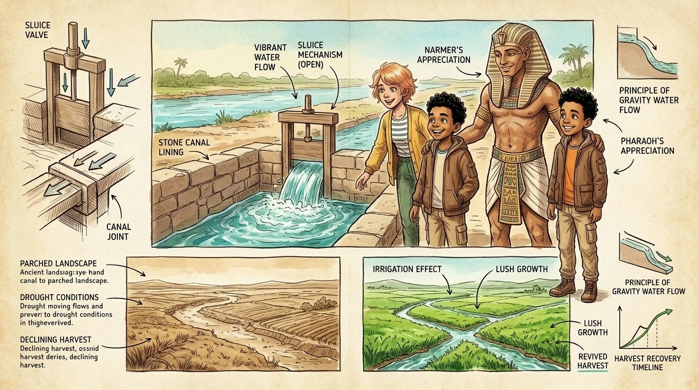 Water gurgled from the passage, a life-giving sound. Narmer smiled, relief washing over his face. \"You have saved us, little historian!\" Soon, water flowed… Water gurgled from the passage, a life-giving sound. Narmer smiled, relief washing over his face. \"You have saved us, little historian!\" Soon, water flowed…