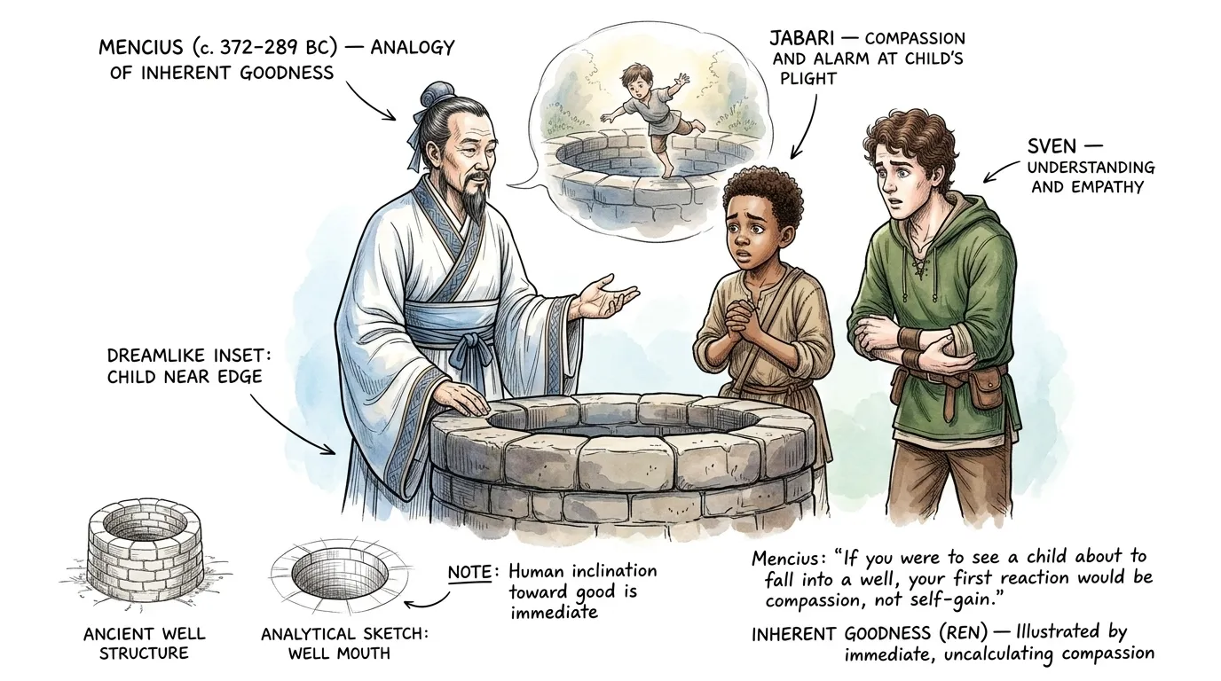 To illustrate his point, Mencius used the famous analogy of a child about to fall into a well. He argued that anyone, upon seeing such a sight, would… To illustrate his point, Mencius used the famous analogy of a child about to fall into a well. He argued that anyone, upon seeing such a sight, would…
