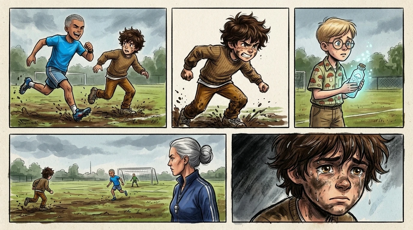 Karim, a slightly older boy with close-cropped salt-and-pepper hair, zoomed past Jun with ease. Karim laughed, his cleats barely sinking into the mud. Karim, a slightly older boy with close-cropped salt-and-pepper hair, zoomed past Jun with ease. Karim laughed, his cleats barely sinking into the mud.