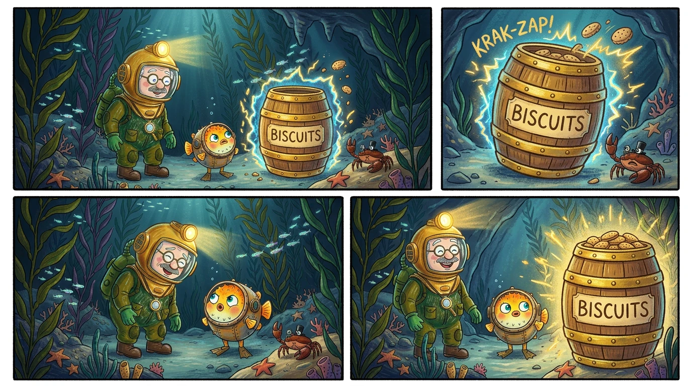 He rounded a corner and gasped. Before him stood a giant, ornate barrel, overflowing with...biscuits! Every type imaginable! He rounded a corner and gasped. Before him stood a giant, ornate barrel, overflowing with...biscuits! Every type imaginable!
