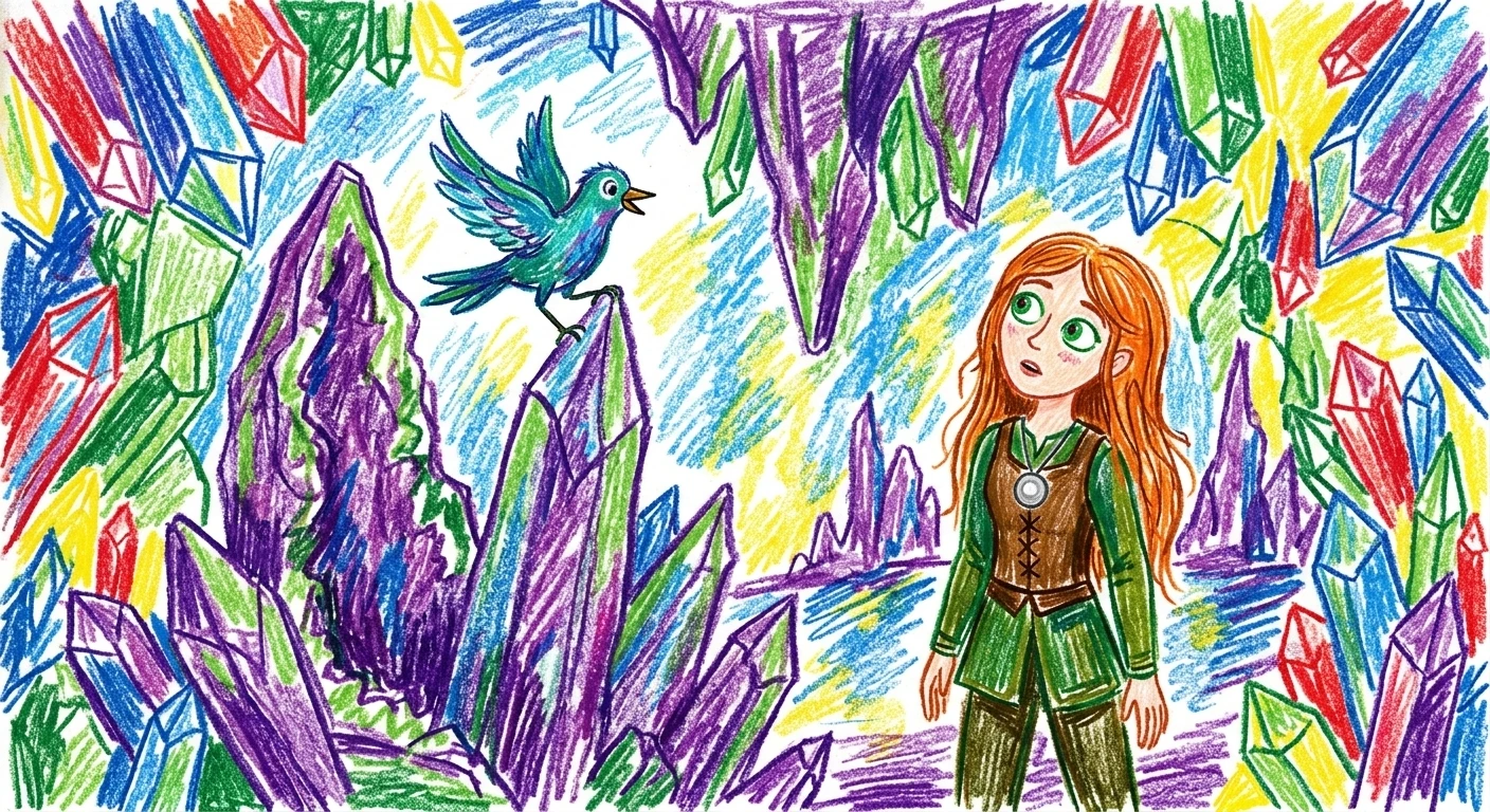 Deep within the Crystal Caves, echoes danced with forgotten melodies. "Listen, Eliana!" chirped Robin, a little bird with iridescent feathers. Deep within the Crystal Caves, echoes danced with forgotten melodies. "Listen, Eliana!" chirped Robin, a little bird with iridescent feathers.