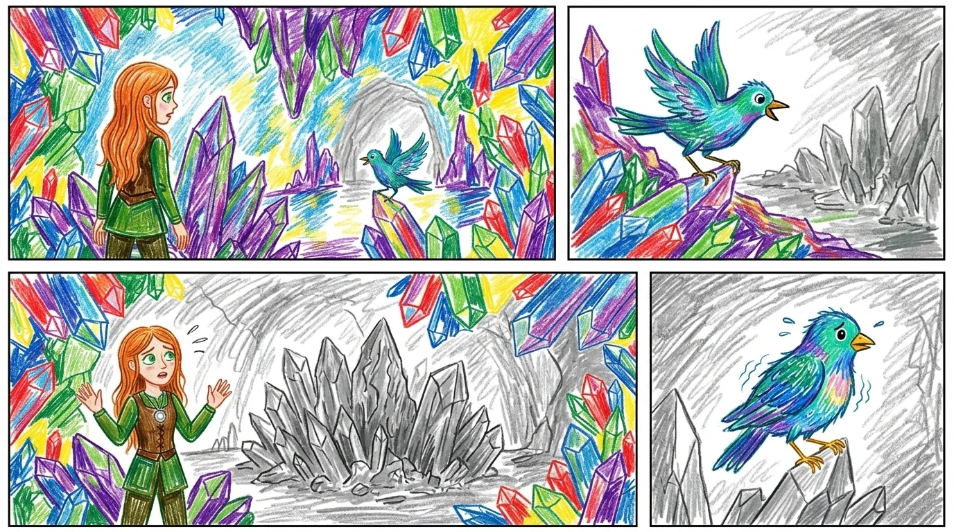 Beyond the vanished mushrooms, they found a vast cavern filled with shimmering crystals. But in the center, a section of crystals lay dull and lifeless. Beyond the vanished mushrooms, they found a vast cavern filled with shimmering crystals. But in the center, a section of crystals lay dull and lifeless.