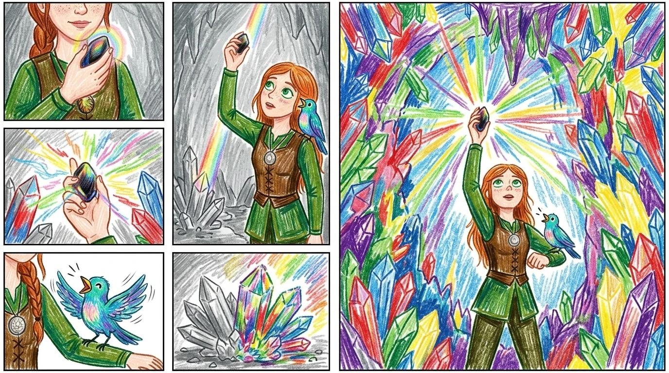 Eliana took out the obsidian stone. "Worth a try!" she whispered, holding it above the dull crystals. Suddenly, the stone began to glow with a soft, rainbow… Eliana took out the obsidian stone. "Worth a try!" she whispered, holding it above the dull crystals. Suddenly, the stone began to glow with a soft, rainbow…