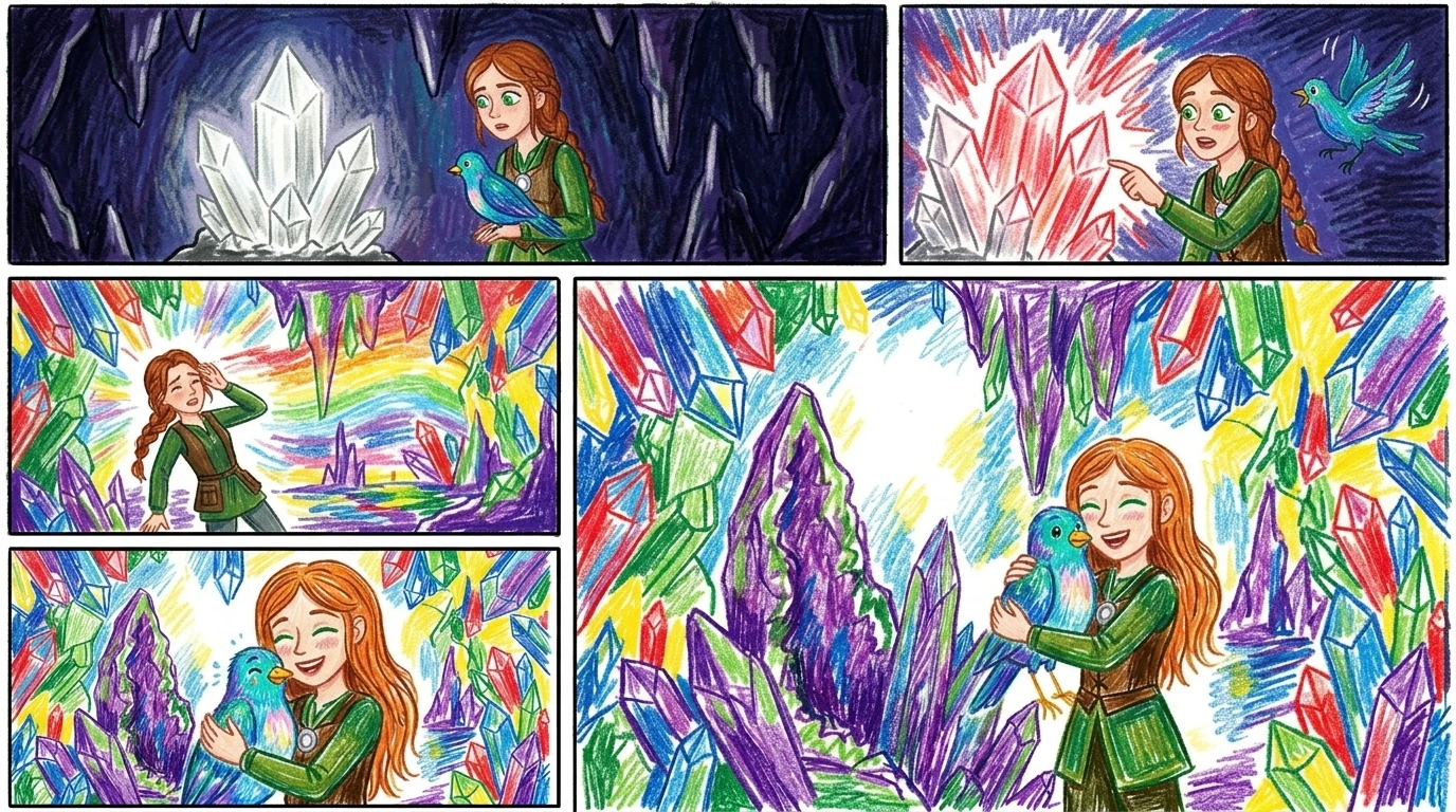 The cavern pulsed with color, the echoes now singing with joyful melodies. "We did it, Robin! We found the Rainbow Seed's magic!" Eliana exclaimed, hugging the… The cavern pulsed with color, the echoes now singing with joyful melodies. "We did it, Robin! We found the Rainbow Seed's magic!" Eliana exclaimed, hugging the…