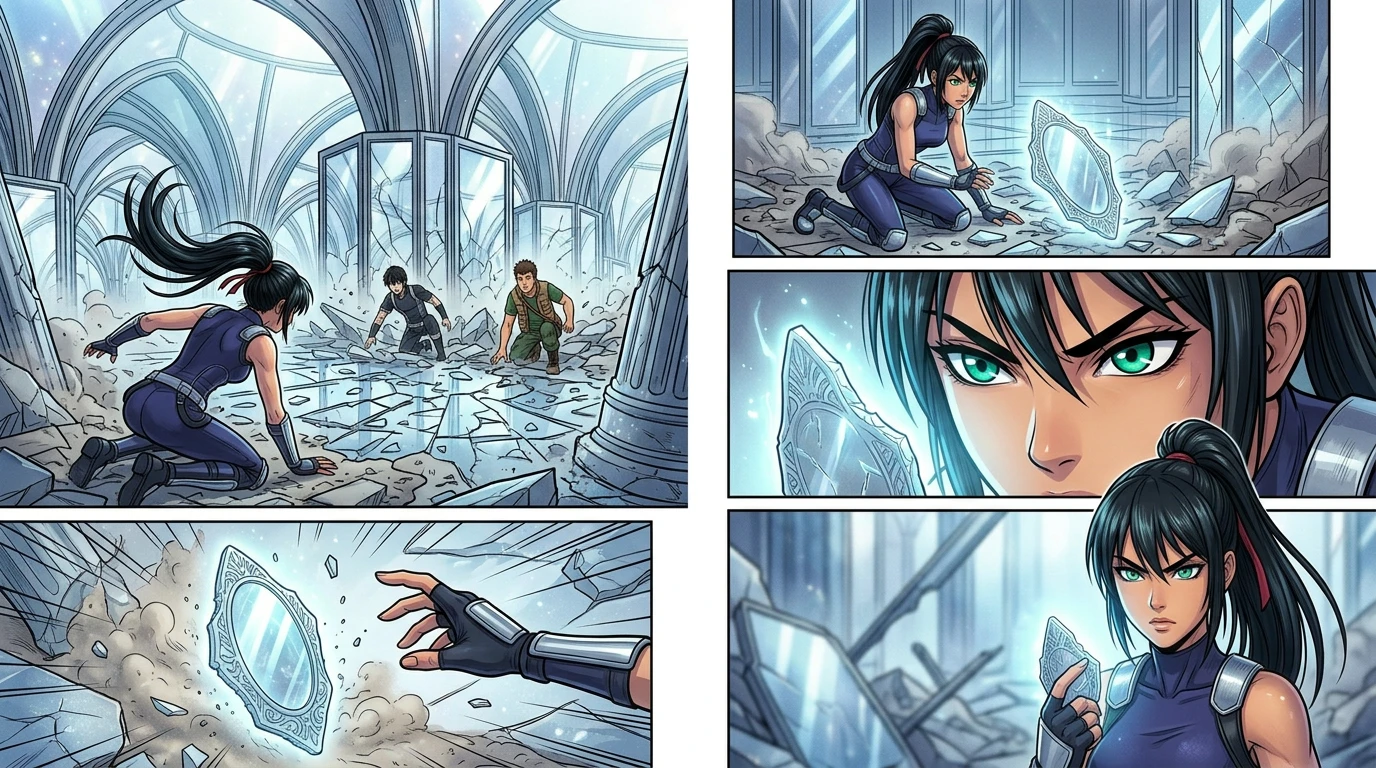As they struggled to their feet, Kira noticed something glinting in the rubble: a small, intricately carved mirror shard. As they struggled to their feet, Kira noticed something glinting in the rubble: a small, intricately carved mirror shard.