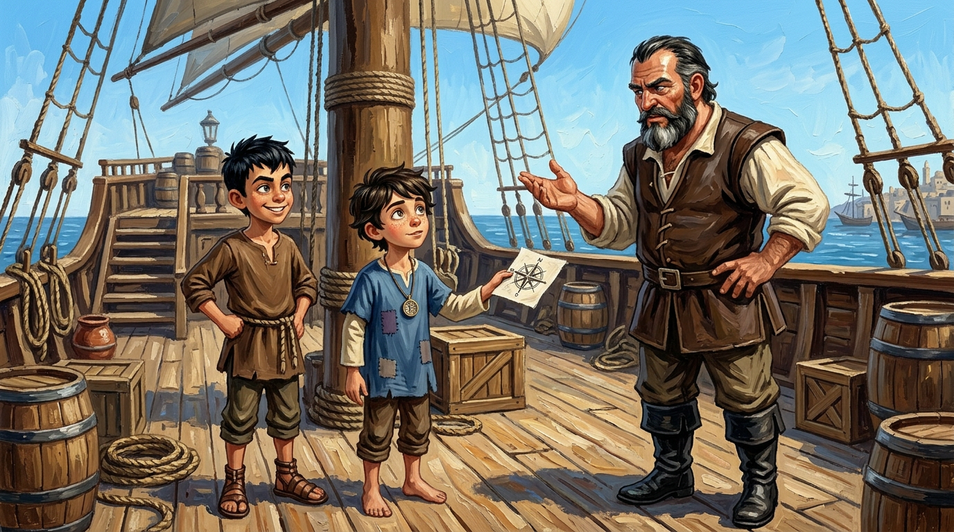 Eagerly, they sought out the ship's captain, a burly man with a salt-streaked beard named Captain Baruk. They showed him the compass rose symbol, hoping it… Eagerly, they sought out the ship's captain, a burly man with a salt-streaked beard named Captain Baruk. They showed him the compass rose symbol, hoping it…