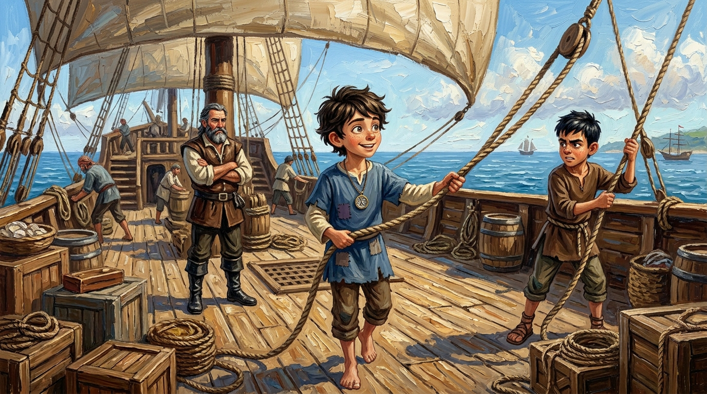 Salim and Omar, determined to prove themselves, immediately set to work, scrubbing decks, hoisting sails, and swabbing the poop deck. Salim and Omar, determined to prove themselves, immediately set to work, scrubbing decks, hoisting sails, and swabbing the poop deck.