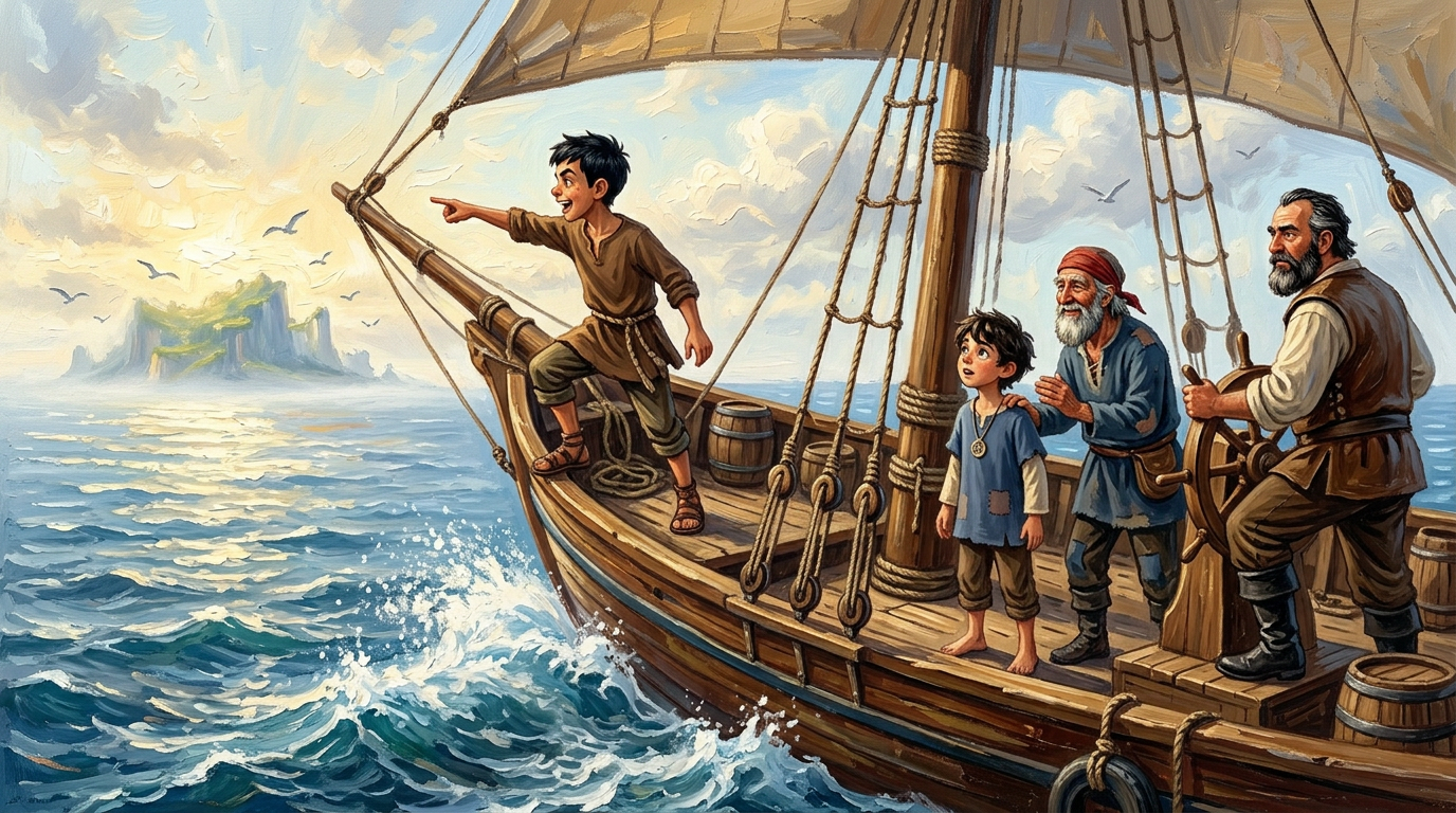 After days at sea, following the subtle hints from Salim's grandfather's books and Omar's sharp eyes noticing changes in wave patterns and bird flight, they… After days at sea, following the subtle hints from Salim's grandfather's books and Omar's sharp eyes noticing changes in wave patterns and bird flight, they…