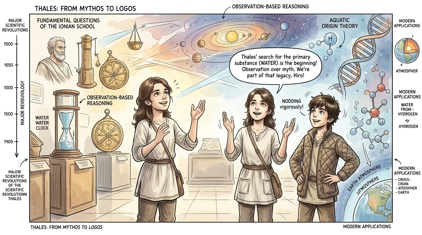Rin considers the implications of Thales' approach. She connects it to modern scientific inquiry and the ongoing quest to understand the universe. Rin considers the implications of Thales' approach. She connects it to modern scientific inquiry and the ongoing quest to understand the universe.