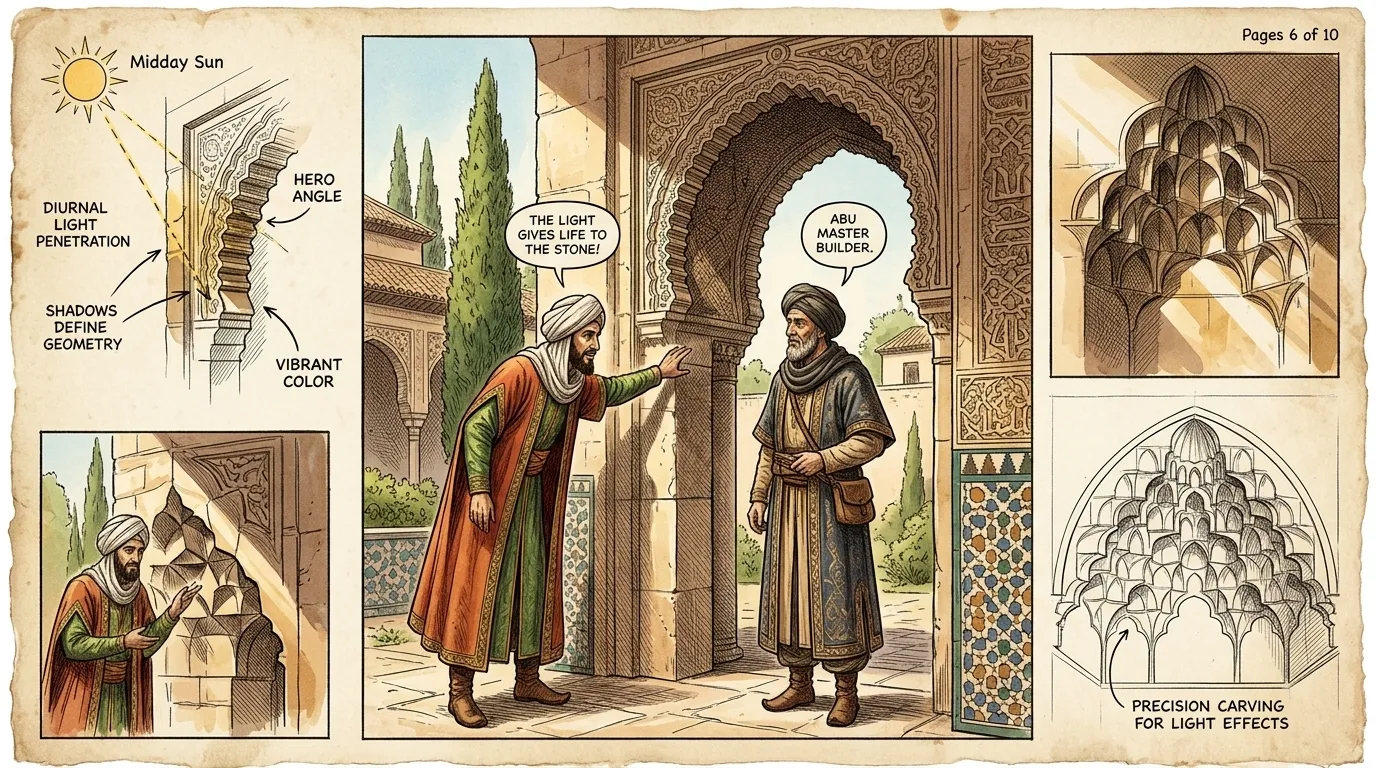 The true genius of the Alhambra lay in its manipulation of light and shadow. The architects understood that beauty was not just in what was seen, but in how it… The true genius of the Alhambra lay in its manipulation of light and shadow. The architects understood that beauty was not just in what was seen, but in how it…