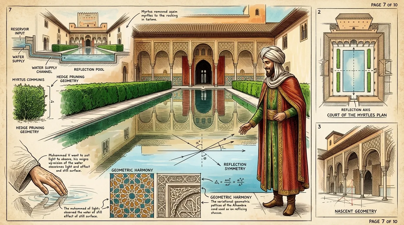 The Court of the Myrtles, or Patio de los Arrayanes, was designed as a mirror of the heavens, its vast reflecting pool holding the palace and sky in perfect… The Court of the Myrtles, or Patio de los Arrayanes, was designed as a mirror of the heavens, its vast reflecting pool holding the palace and sky in perfect…