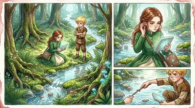 Ils atteignirent bientôt un ruisseau babillant qui leur barrait le chemin. « Super, » soupira Finn. « Et maintenant ? On ne peut pas traverser à la nage, l'eau…