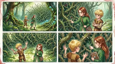 De l'autre côté, ils se retrouvèrent dans une clairière, mais un gigantesque buisson épineux leur barrait le chemin. « Oh non, pas un autre obstacle !