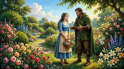 狩人は庭でエララを見つけた。彼女は鮮やかな色の花々に囲まれていた。彼はすぐに彼女の無垢な美しさと、彼女から放たれる輝くような優しさに魅了された。