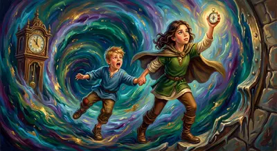 Als sie die Kammer betraten, begann die Uhr zu schlagen, ihr Klang hallte durch den Tunnel. Der Raum vibrierte, und die Wände schienen zu schmelzen, ersetzt…