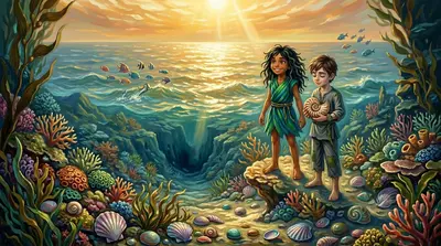 다시 수면 위로 올라오자 코랄리아는 핀에게 미소 지었습니다. "우리는 두려움에 맞서 싸웠고 멋진 것을 찾았어!" 핀은 하모나이징 셸을 꽉 쥐고…
