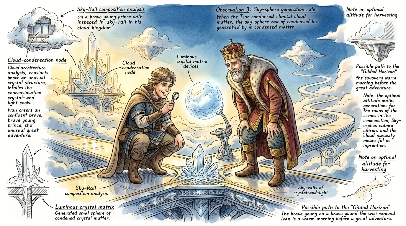 In a kingdom woven from clouds and dreams, lived Tsarevich Ivan, a prince yearning for adventure, and the Baba Yaga, a crone guarding forgotten paths. In a kingdom woven from clouds and dreams, lived Tsarevich Ivan, a prince yearning for adventure, and the Baba Yaga, a crone guarding forgotten paths.