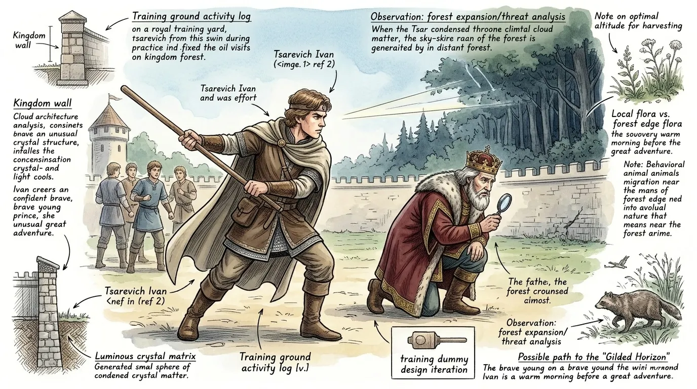 Ivan practiced swordplay daily, but his heart longed for more than royal duties. "Why do you stare into the forest, Ivan?" his father, the Tsar, asked. Ivan practiced swordplay daily, but his heart longed for more than royal duties. "Why do you stare into the forest, Ivan?" his father, the Tsar, asked.