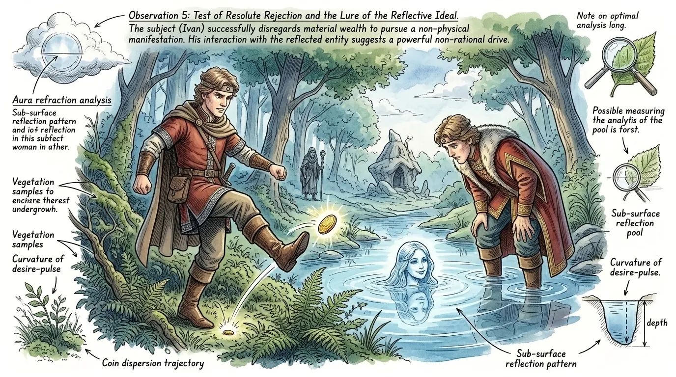 "Gold is a fool's prize," Ivan declared, kicking a coin into the undergrowth. He continued deeper, where the path led to a crystal-clear pool. "Gold is a fool's prize," Ivan declared, kicking a coin into the undergrowth. He continued deeper, where the path led to a crystal-clear pool.
